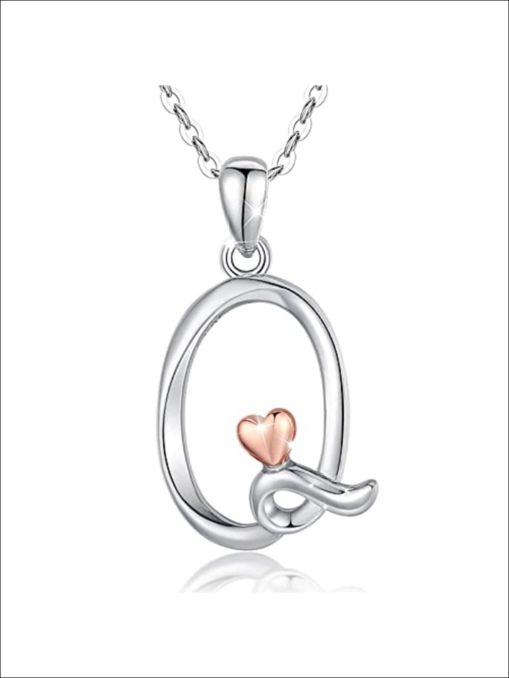 CELESTIA 925 Sterling Silver Initial Pendant Necklace with Rose Gold Heart 18in